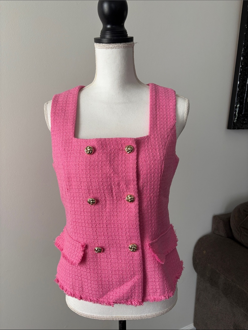 Anthropologie Hot Pink Tweed Double-Breasted Sleeveless Vest